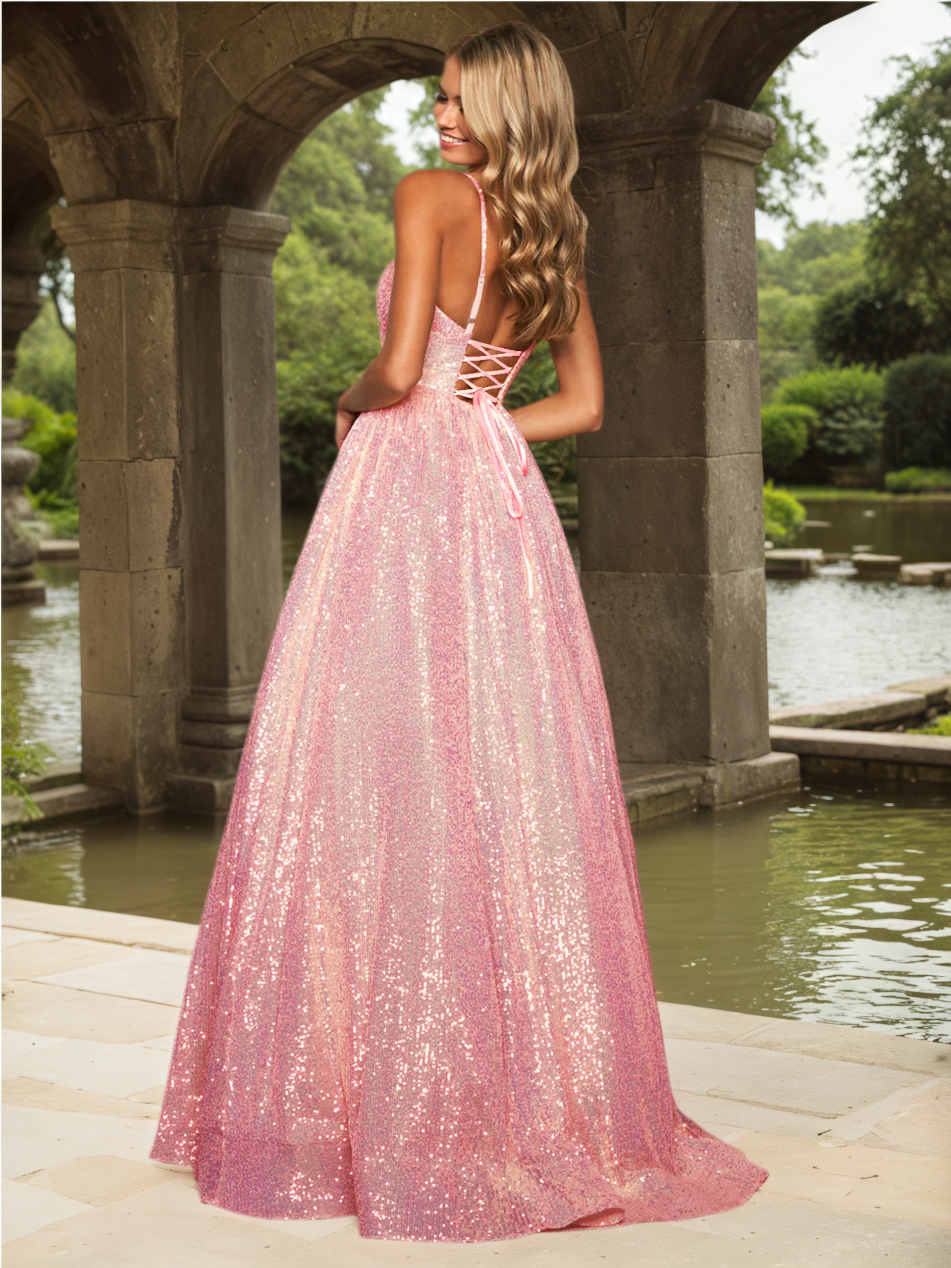 Women's Glamorous Sequin Evening Gown, Open Back Lace-Up Tiered Prom Dress--D322