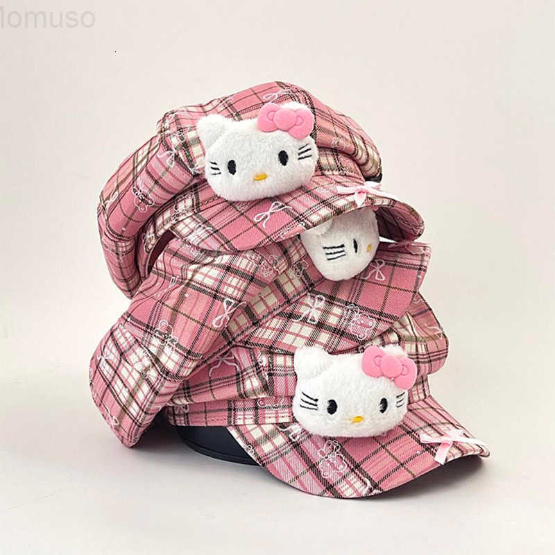 Sanrio Sweet Cute Kitty Cat Bow Plaid Beret Hat for Women Korean Style Niche Face-Slimming Pink Newsboy Hat H251110