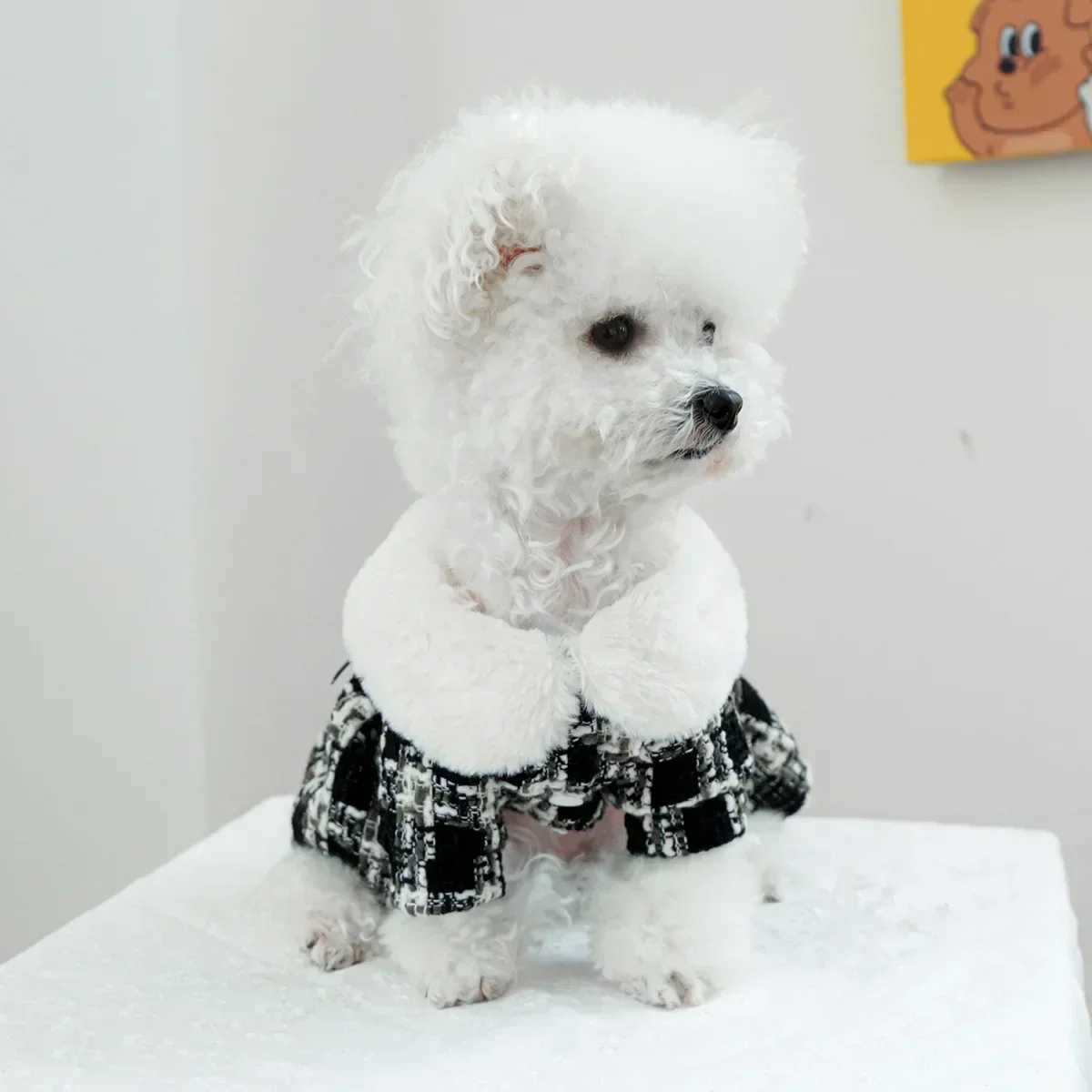Pet Plaid Woolen Dress Dog Fur Collar Autumn and Winter Coat Cat Clothing Autumn and Winter Flower Dress Puppy Clothes J251110