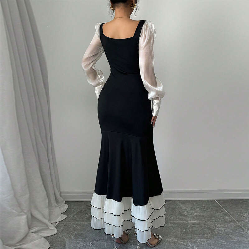 2025 Autumn New European and American Style Elegant Slim Long Sleeve Cross-Border Amazon Foreign Trade Color-Block Mermaid Dress for Women