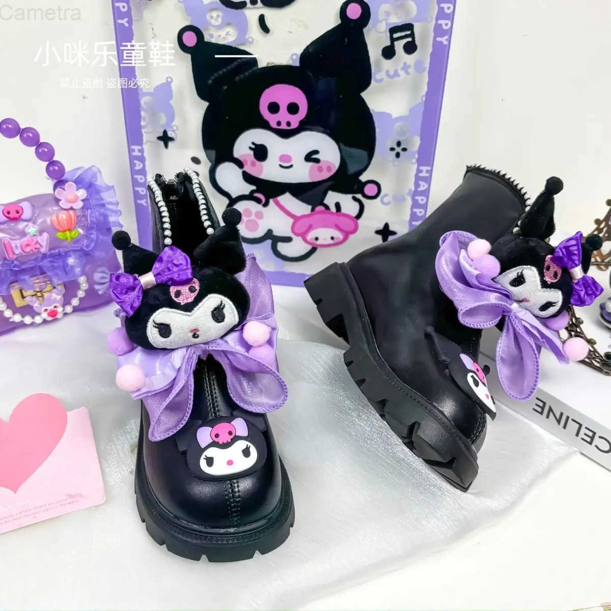 Sanrio Winter Kuromi Anime Ins Kawaii Children Leather Boots Autumn Winter Cute Cartoon Fleece Waterproof Warm Cotton Shoes Gift H251110