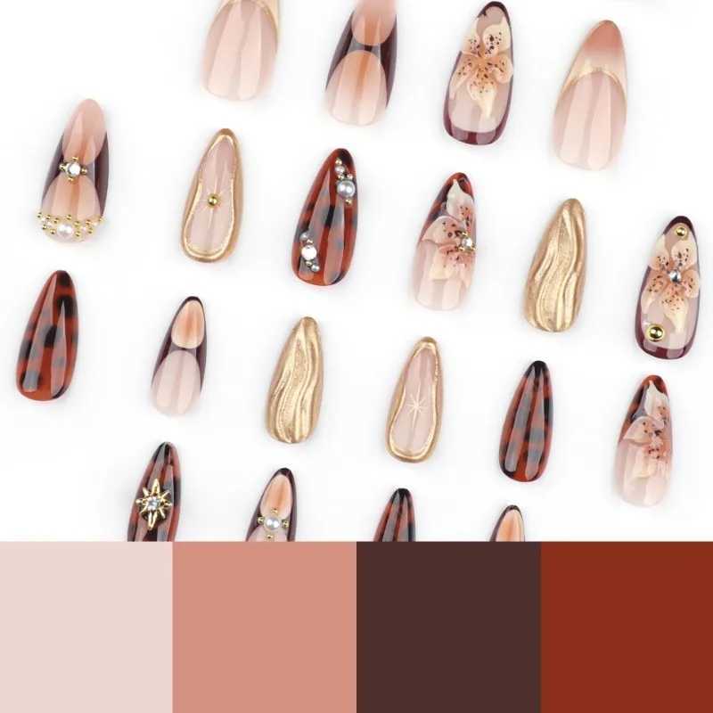 3D Golden Ripple Brown Amber Flower Rhinestone Pearl Star Peacock Feather Almond Fake Nail Art Fake Nail Press on Fake Nail Tool W250410