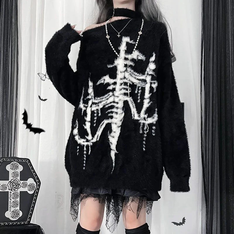 Dark Punk Sweater Women Harajuku Y2K Long Sleeve Knit Pullover Black Gothic Street Loose Top American Vintage Lazy Knitwear 251105