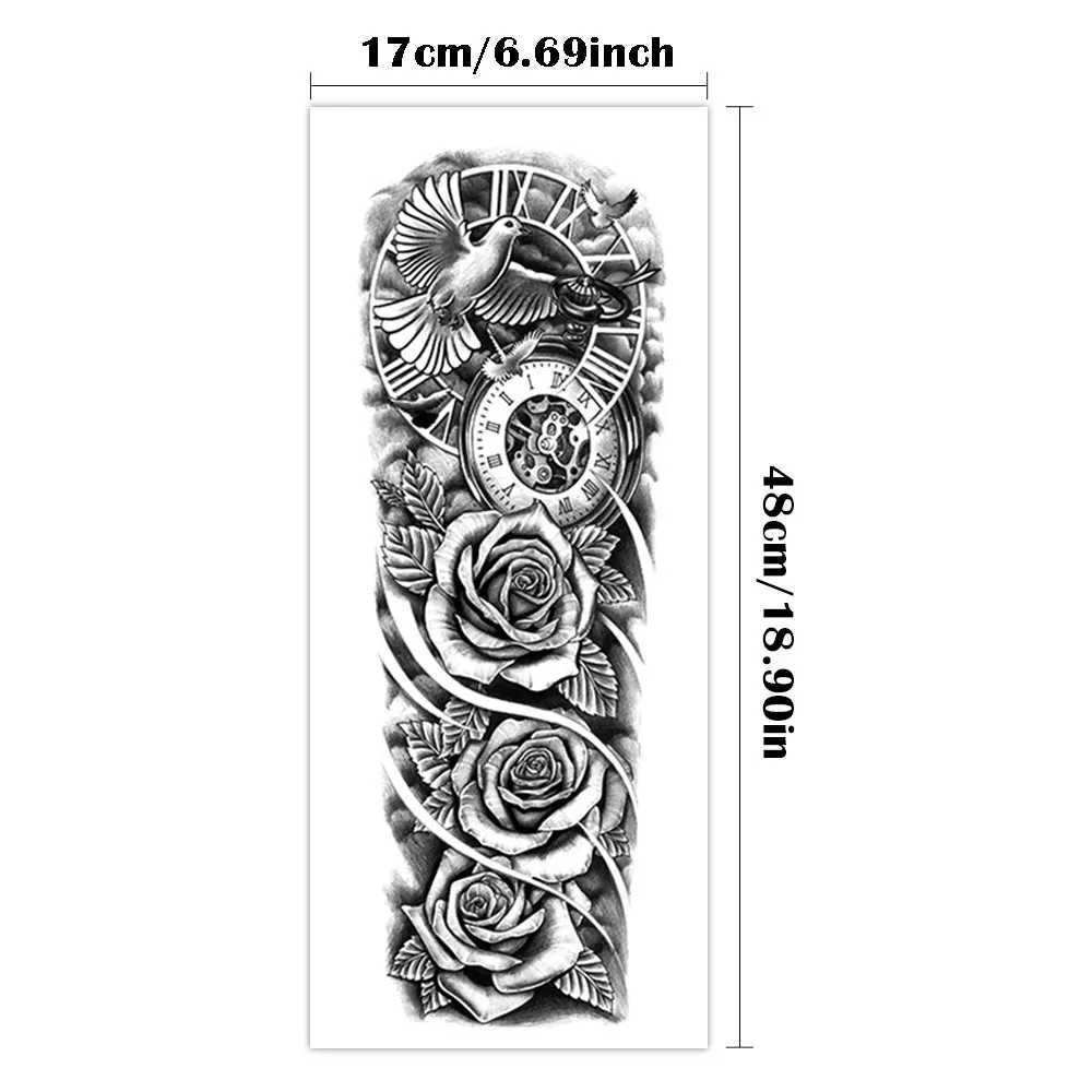 Large Full Sleeve Waterproof Temporary Tattoo Stickers Clock Rose Pigeon Bird Totem Fake Tattoo Body Art Mens Legs W250410