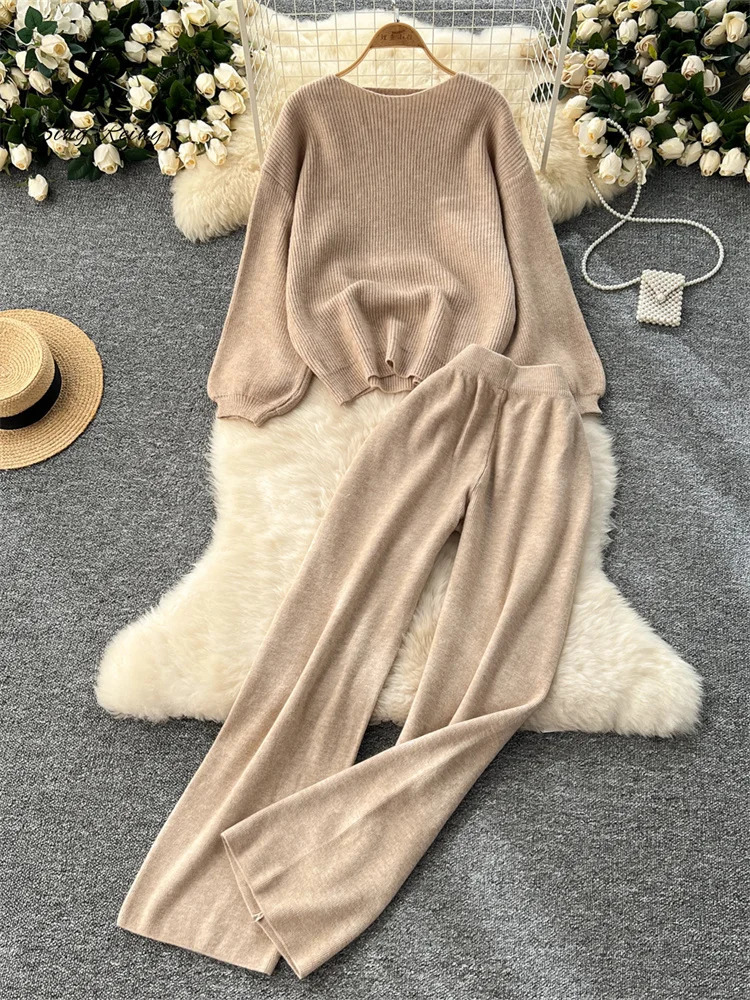 SINGREINY Winter Thick Women Suits Loose Sweater TopsHigh Waist Wide Legs Long Pants Autumn Solid Causal Warm 2 Piece Sets 251110