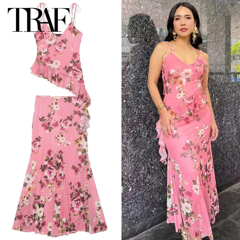 TRAF chiffon printed bodysuit set womens twopiece asymmetrical lace up sliding top 2piece clothing grid floral 250410