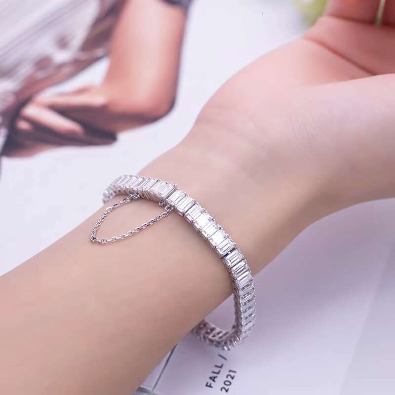 14K White Gold and Emerald Cut Moissanite Gemstone Women Tennis Chain Bracelet