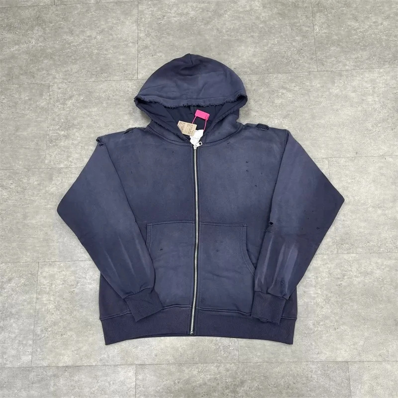 Black Washed SAINT Mxxxxxx Zipper Jackets Men Women Destroy Hole Oversized Vintage Hoodies 251107