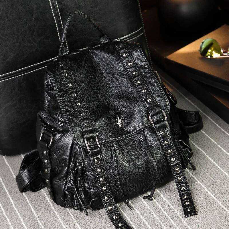 SHELKSBAG Iris Punk Gothic PU Leather Woman Backpack High Quality Rivet Studded Adult Back Packs Large Capacity Black School Bag