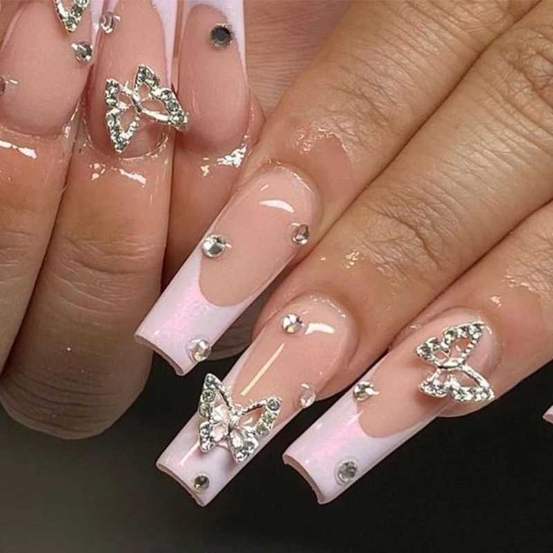 24 pieces of ballet fake nails long French press nails with rhinestones wearable coffin fake nails pink bow design handmade tips W250410