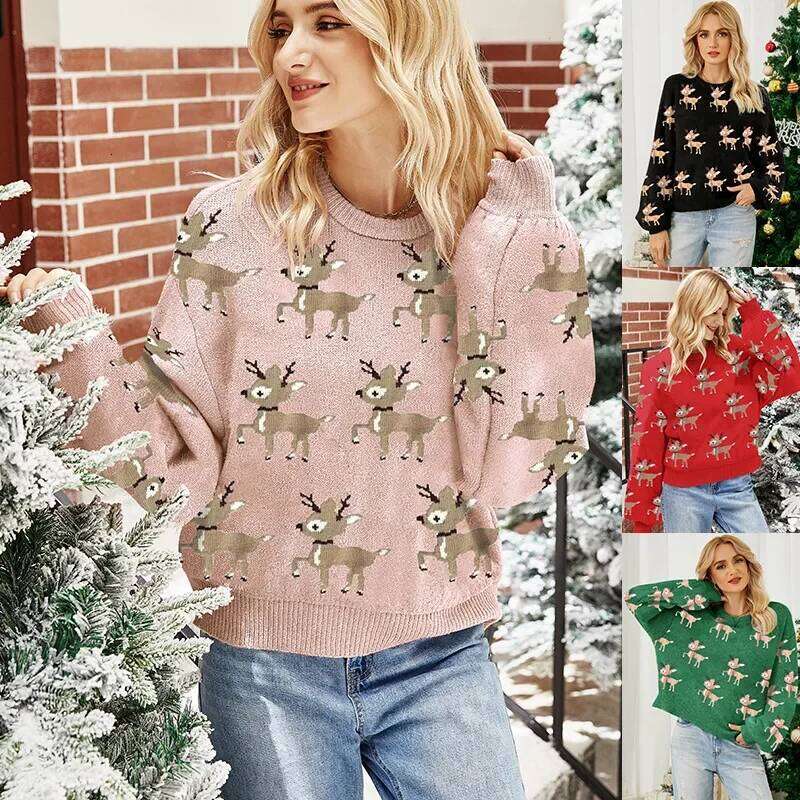 Red Christmas Knitted Sweater Loose Long Sleeve Overhead Deer Pattern Women's Fashionable Casual Comfortable Knitwear Designer Sweater Women