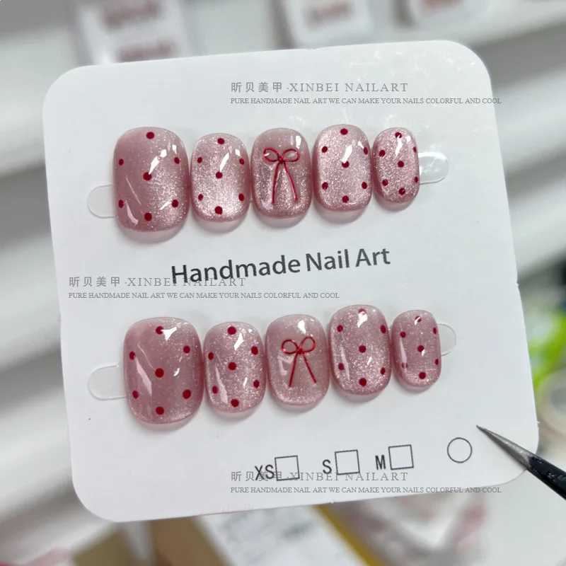 0 ballet short nail tip set with smooth finish polka dots and solid color design 3D bow accent for women and girls nail art W250410