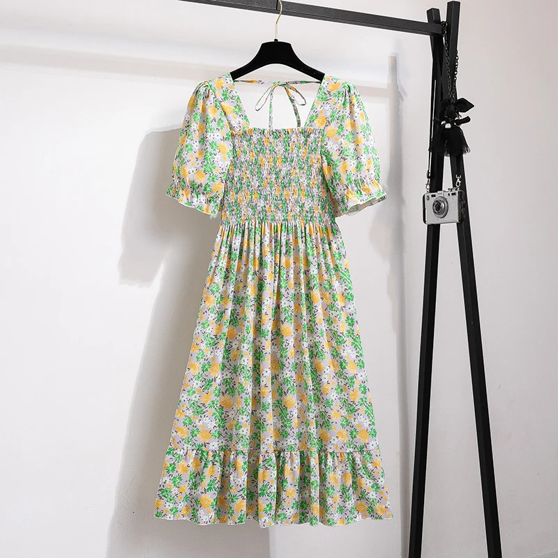 Summer pleated womens chiffon dress casual beach holiday short sleeved square neckline womens Midi dress Bohemian unprinted Vestidos 250409