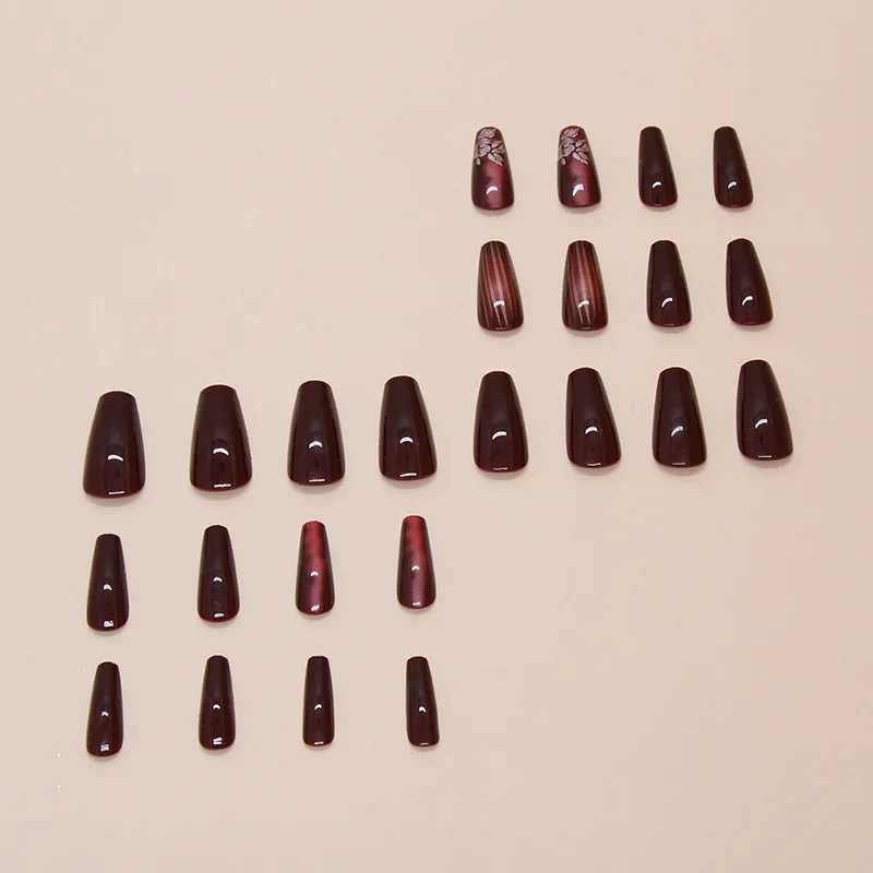 24 pieces of deep red charm pressed on nails pink gradient fake nails smooth artificial fingers reusable female fake nails W250410