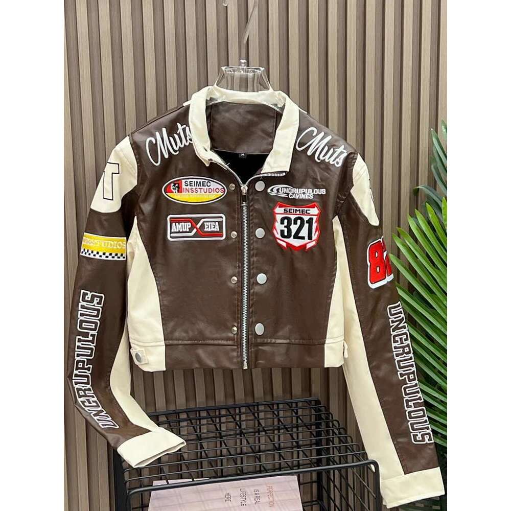 Retro Embroidery Motorcycle Cropped Varsity Jackets Women 2025 Spring PU Faux Leather Racing Baseball Short Coat Female Outwears