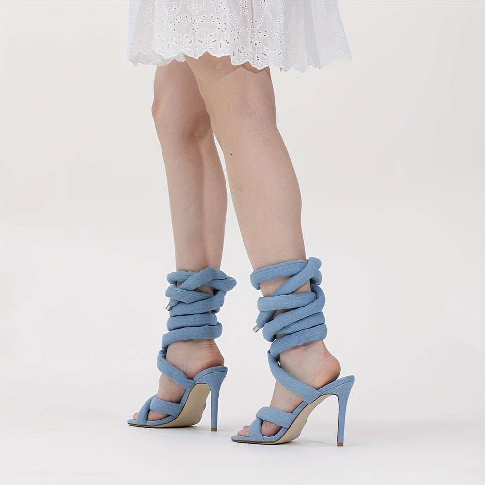 Strappy High Heels Gladiator With Grey Jersey Knit Fallopian Cloth Rope Lace Sexy Open Toe Square Stilettos Tie Up Heeled Sandals For Women US Size 6-