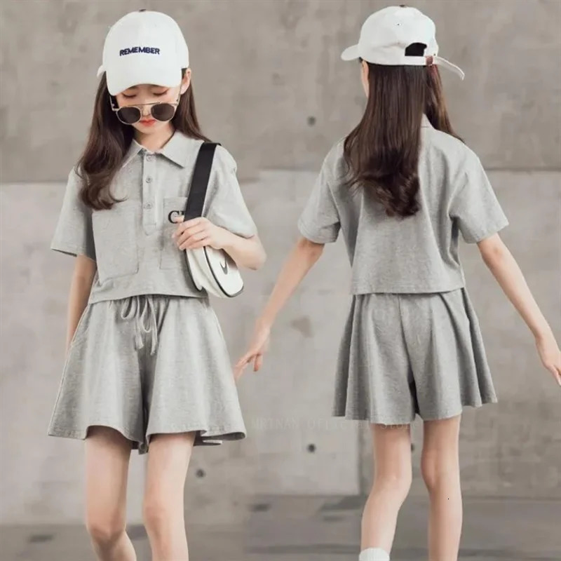 Summer girls leisure sports childrens girls aged 4-16 childrens clothing youth track and field clothes girls two-piece polo shirts shorts 250409