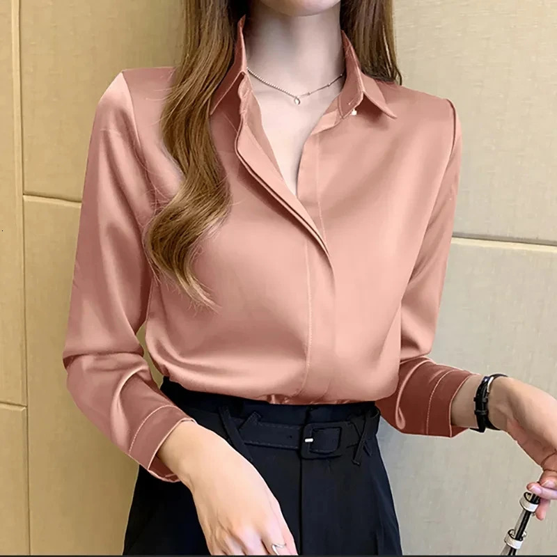 Satin womens retro long sleeved shirt womens silk elegant womens top decoration white shirt autumn womens clothing 250409