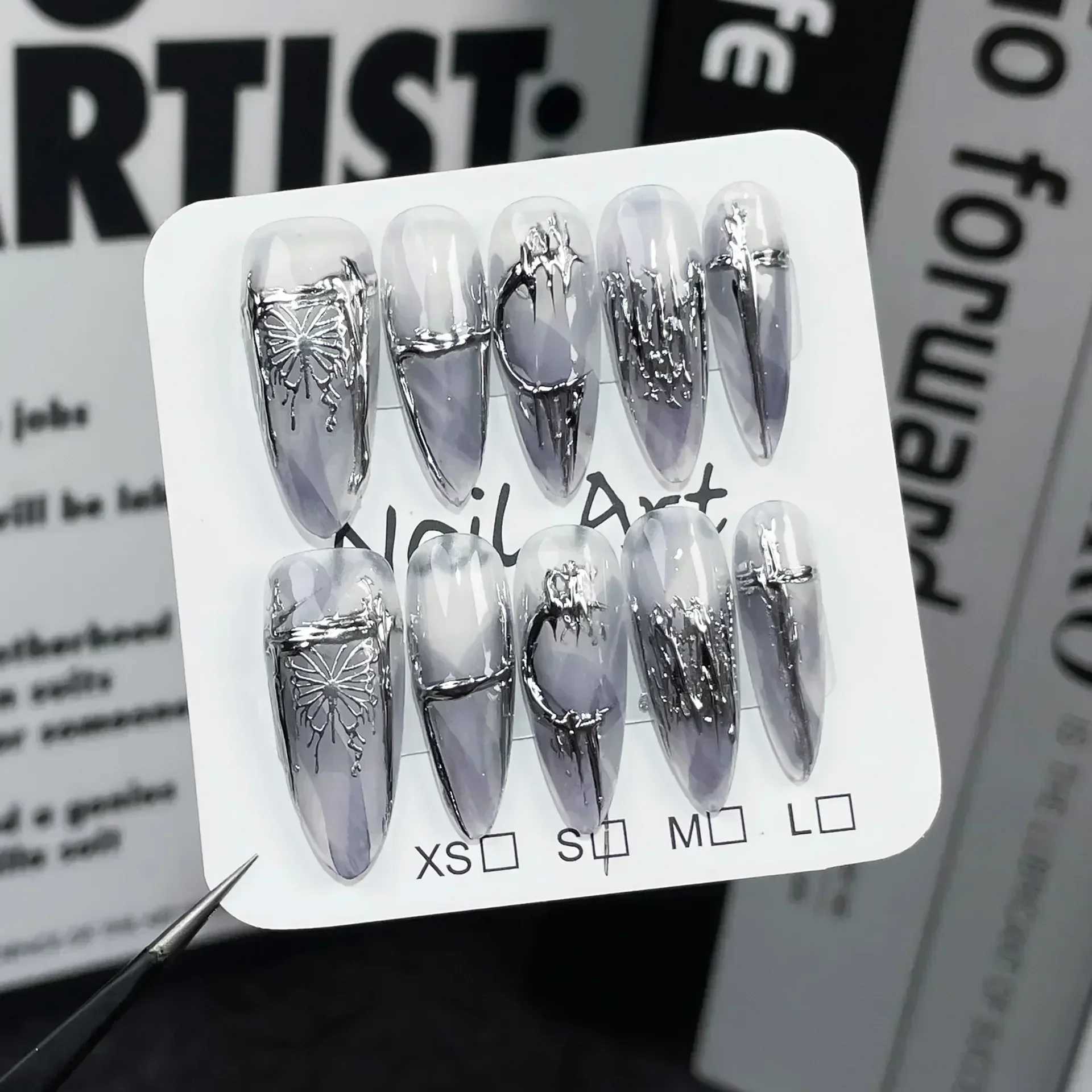 0pcs long almond hand press nail butterfly fake nail wearable stick nail fake nail W250410
