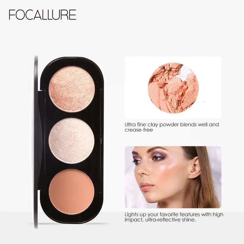 Focallure 3color powder blusher and fluorescent palette 3in1 makeup matte shimmer contour bronze 250325