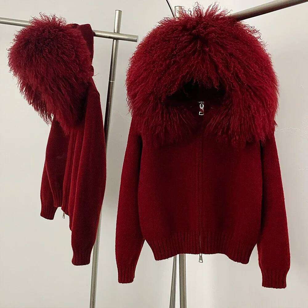 Reality Cardigan Natural Fox Coat Women Real Mongolian Fur Knitwear Female Spring Autumn Hooded Knitted Jacket