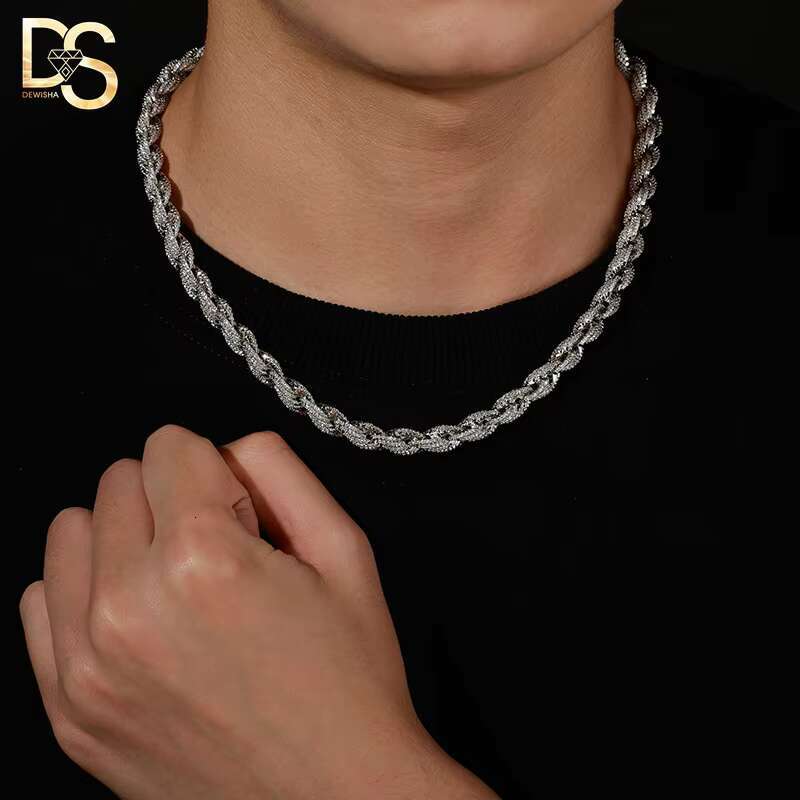 8mm Spring Buckle Full Zirconium Twisted Chain Hip Hop Bracelet Twist Rope Cuban Link Chain Necklace