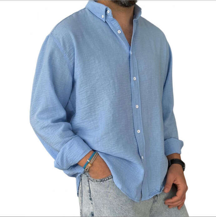 Amazon New Clothing Export Washed Cotton Button Long Sleeve Men's Shirt