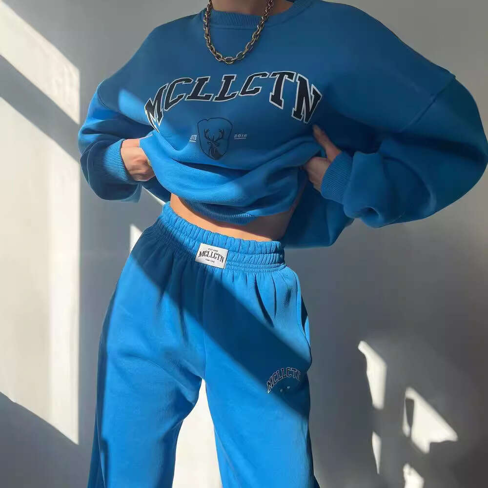 2024 European and American women's casual fashion printed thick suit with fleece hoodie long sleeved pants set