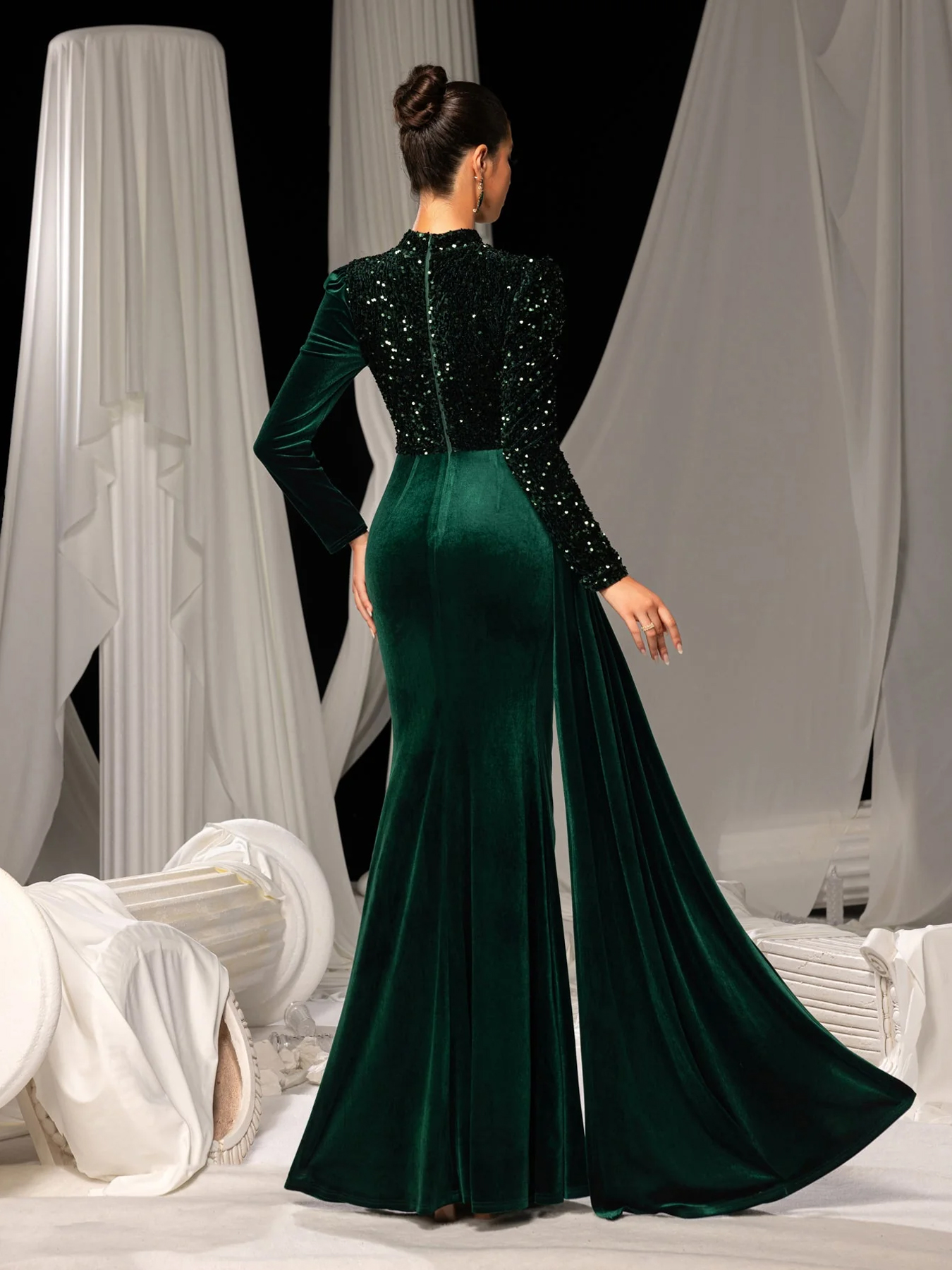 Women's Elegant Luxurious Velvet Sequin Mermaid Gown, Puff Shoulder Draped Strap Bodycon Maxi Dress---D348
