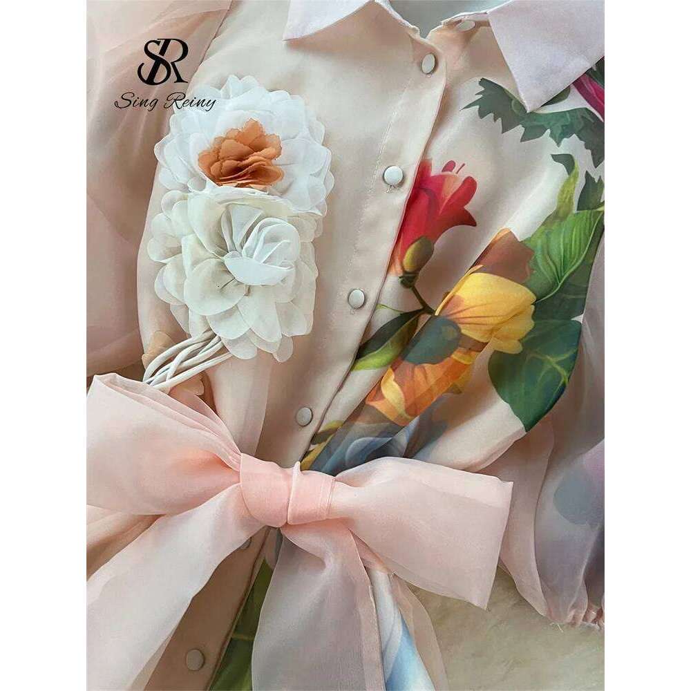 SINGREINY Original Brand 3D Floral Organza Long Female Lapel Short Sleeves High Quality French Vintage Print Maxi Dress