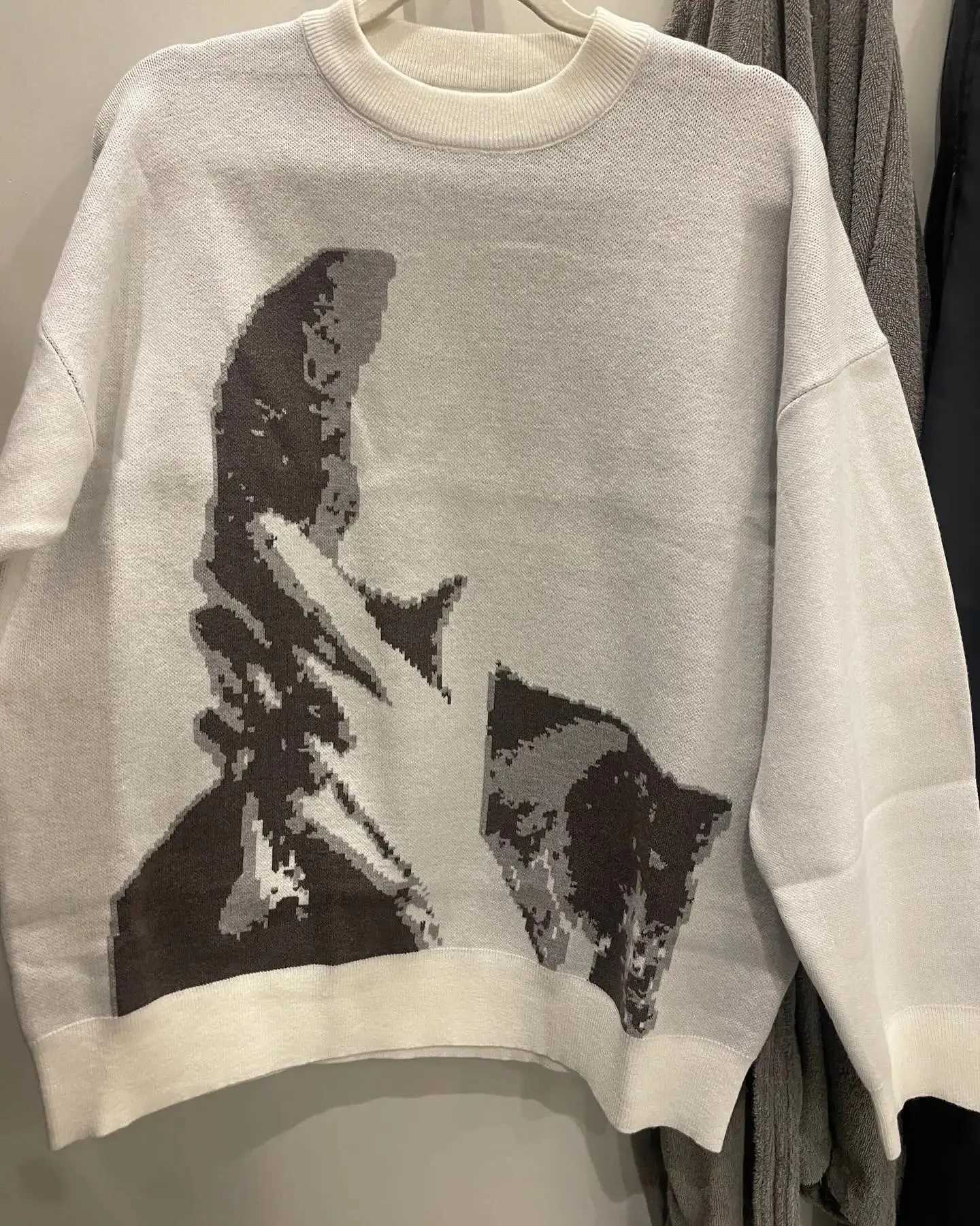 Fashion Womens WinterWhite Sweater Y2K Top 2000s Clothes Sweatshirts Woman Character Pattern Retro Loose Knit Sweater Jacket Fashion Y251110