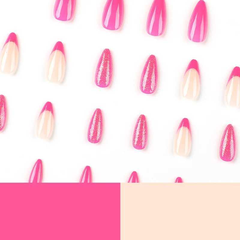 Rose pink French glitter pink wearable almond shaped fashionable fake nails complete set of decorative fake nails pressed with glue on the nails W2504