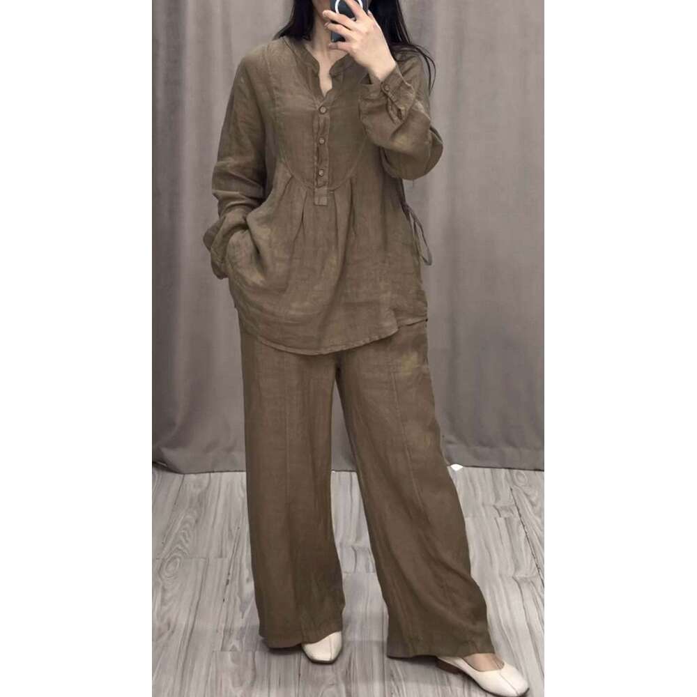2025 European and American Independent Station Autumn New Fashion Comfortable Cotton Linen Long Sleeve Half-Open Front Casual Pleated Wide-Leg Pants S