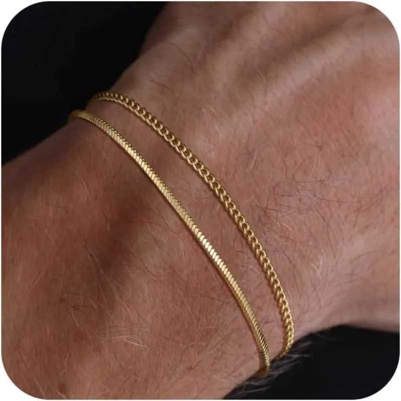 Mens Bracelet Set Waterproof- Dainty 14K Gold Plated Stainless steel Snake Cuban Figaro Chain Bracelets for Men Jewelry GiftsT251110