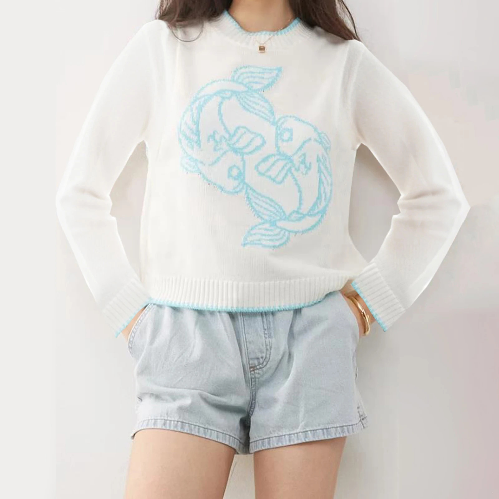 Combhasaki Women Graphic Casual Sweater Y2K Crab/Lobster Pattern Crew Neck Long Sleeve Pullover Knitwear Tops Streetwear 251105