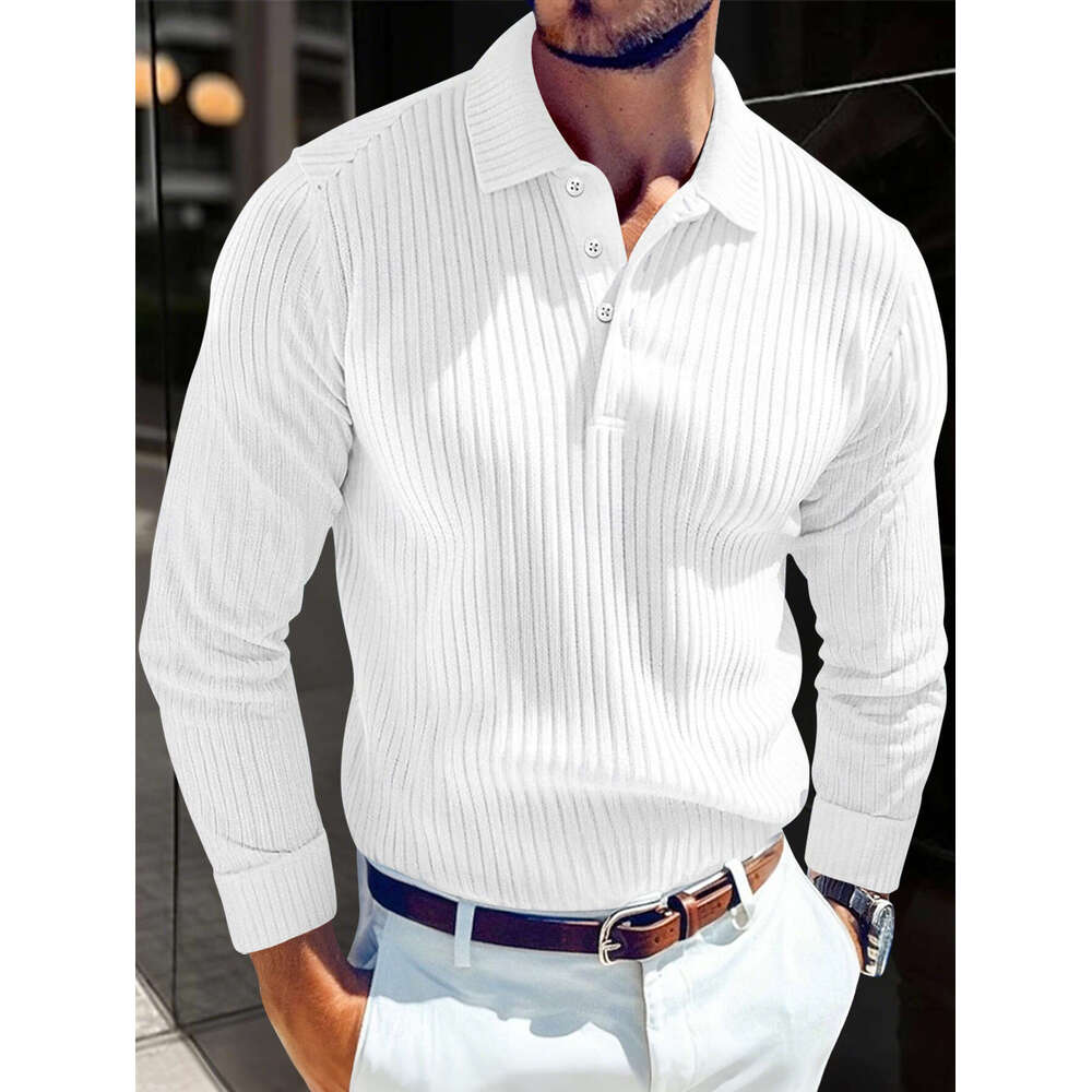 Cross-Border New European and American Men's T-Shirt Knitted Lapel Business Button Slim Fit Long Sleeve Polo Shirt