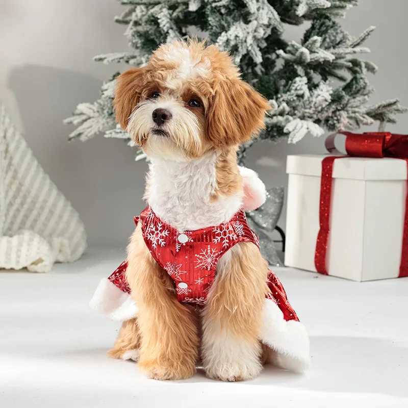 Christmas Dog Dress with Bow Faux Fur Trim Red Snowflake Winter Outfit Warm Velvet Pet Clothing for Small/Medium Dogs J251110