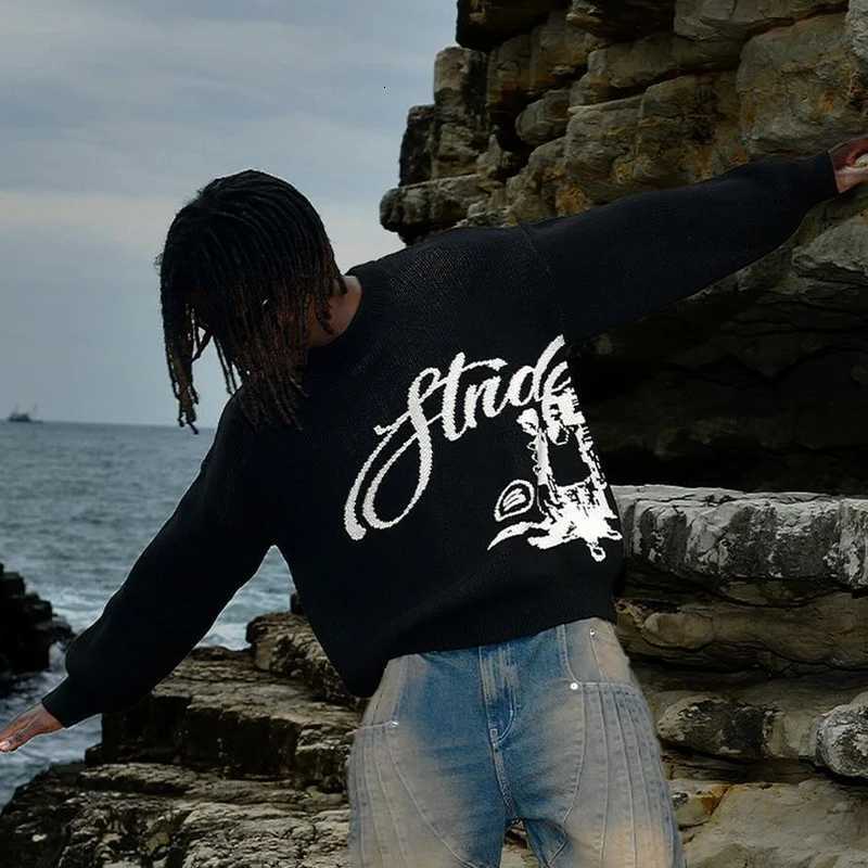 Fashion Punk mens casual fashion street knitted sweater retro 2000s letter cartoon character hip-hop knitted pattern pullover Y2K style Y251110