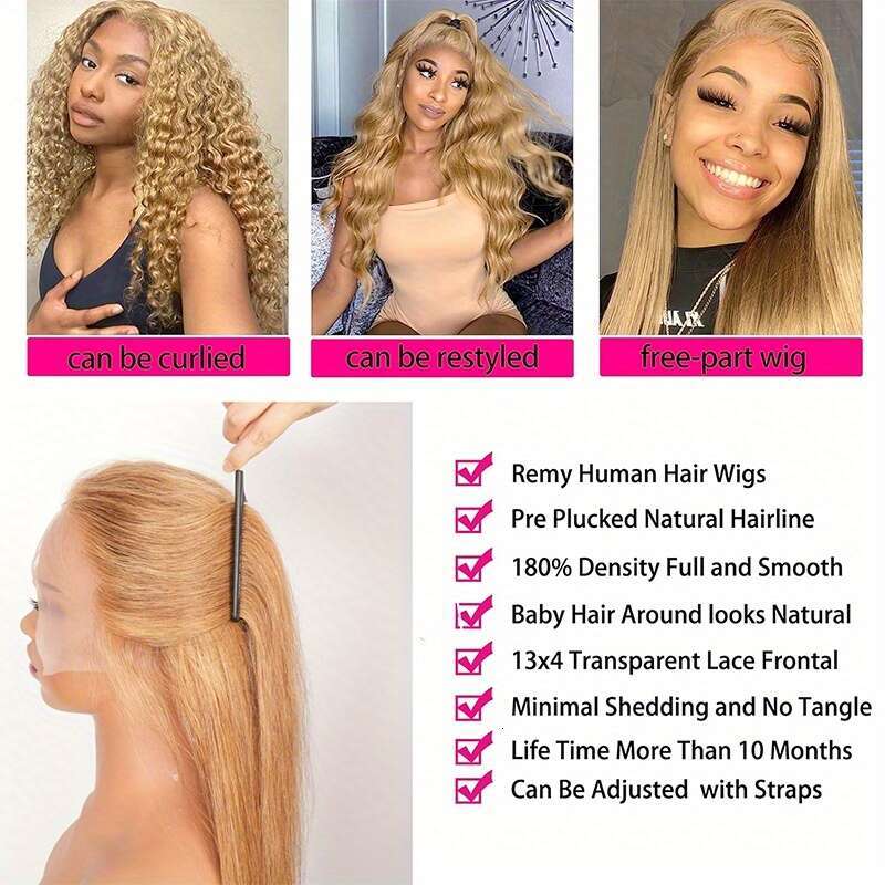 Straight Front #27 Wig HD Transparent Lace Frontal For Women Natural Hairline 180% Density Honey Blonde Human Hair Wigs