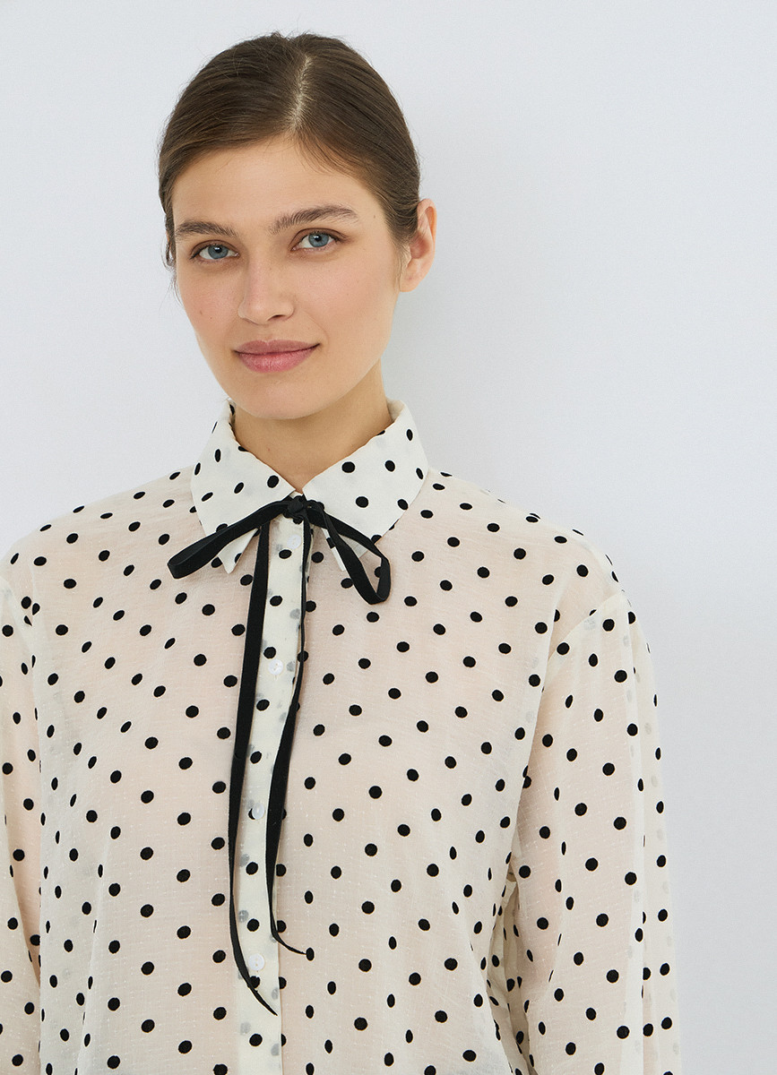 Women's White Black Polka Dot Bow Tie Collar Blouse, Long Sleeve Flock Print Shirt with Curved Hem