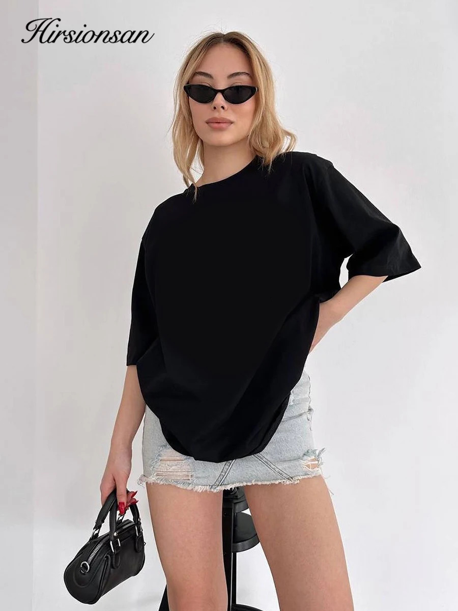 Hirssionsan 100% cotton T-shirt for women summer item oversized solid tee casual elegant long T-shirt O-neck loose top 250410