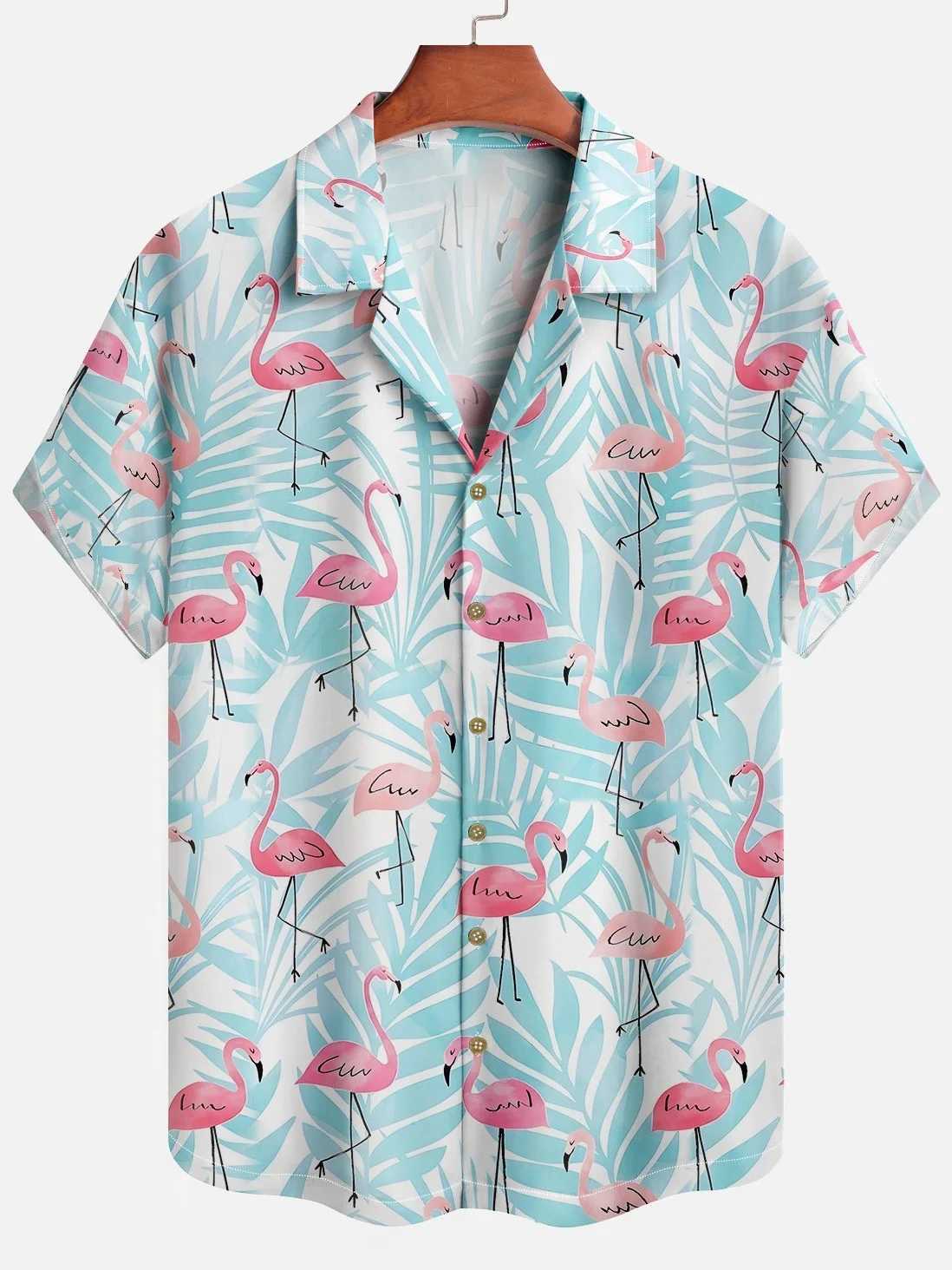 Flamingo Animal Hawaiian Shirt 3D Print Turndown collar Hawaiian shirt mens fashionable short sleeved beach shirt X250410