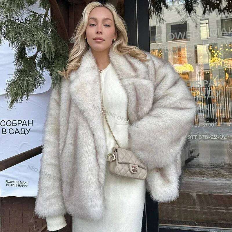 Neo Mint 2025 Winter Ins Hot Fashion Girls Oversized Gradient Coat Women Thick Warm Outerwear Fluffy Faux Fox Fur Jacket