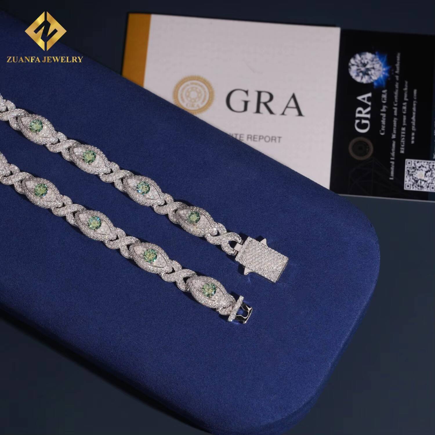 Iced Out VVS Moissanite Diamond 925 Sterling Silver Hip Hop Jewelry Evil Eyes Green Blue Bracelet for Men