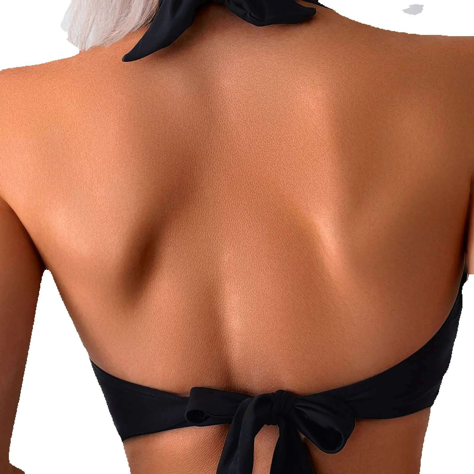 Women's 2-piece swimsuit, white, black, high waisted shoulder straps, bare back, beachwear