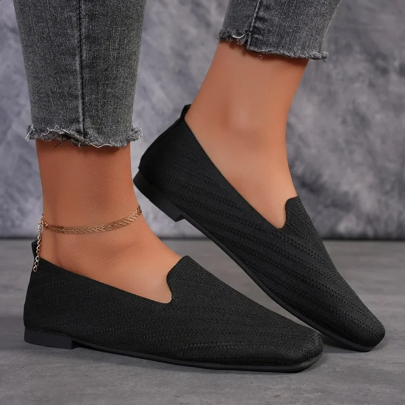 2024 Solid Color Square Toe Mesh Loafers Shallow Women Flats Shoes Soft Bottom Knit Ballet Flats Shoes Casual Slip on Shoes 250402