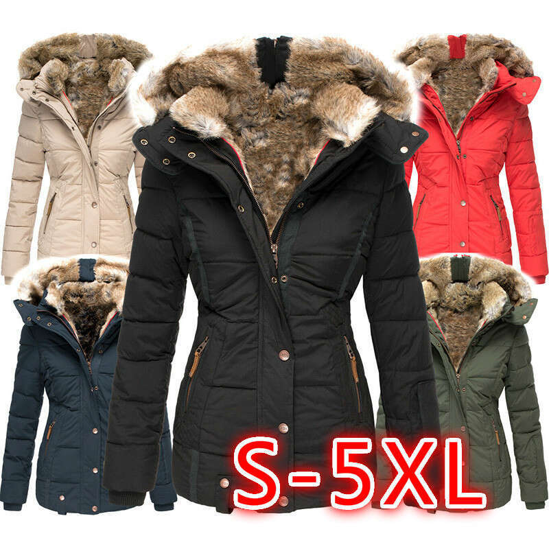 New Winter Warm Fur Collar Jacket for Women Zipper Long Sleeve Slim Fit Cotton Coat with Hood