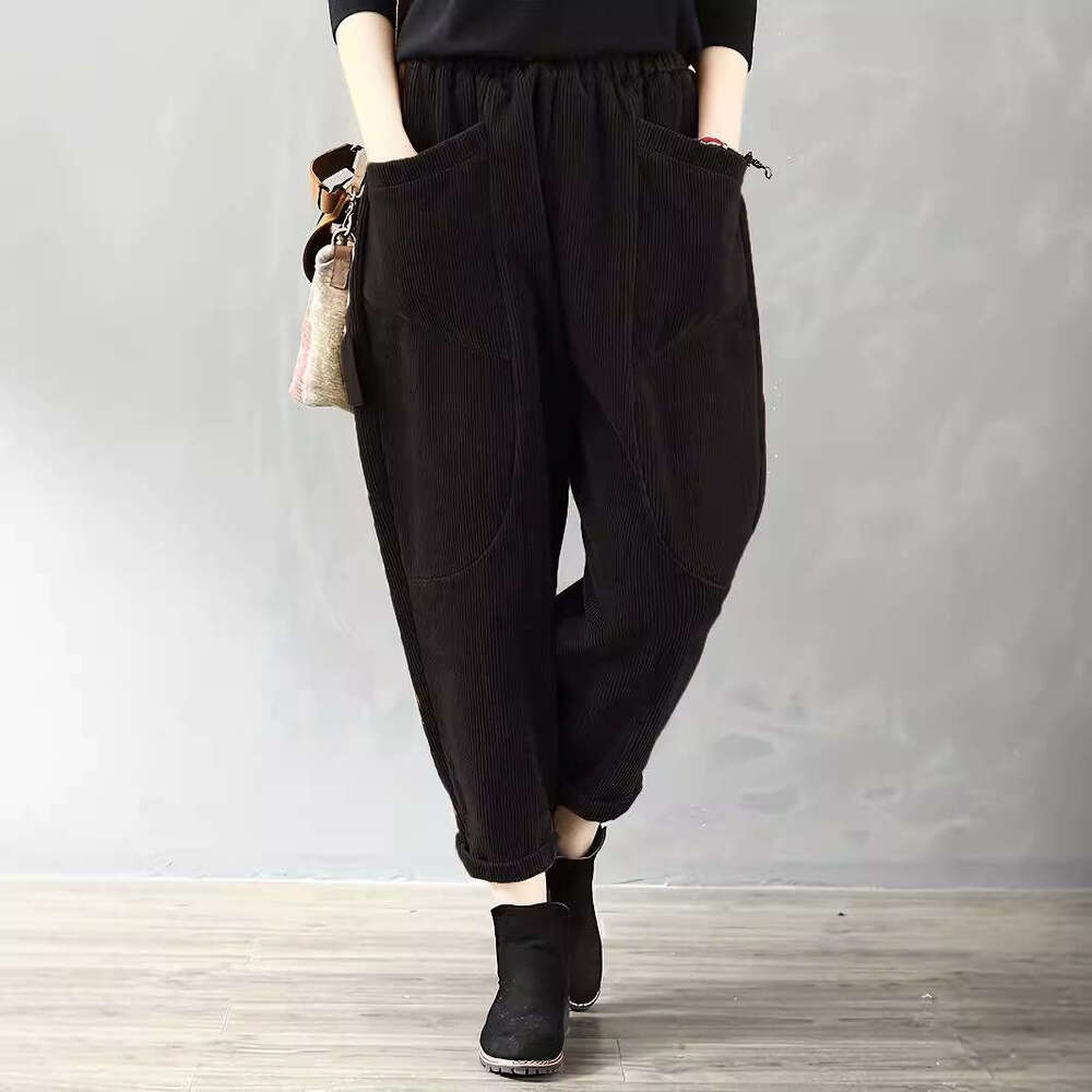 2023 TEMU Hot-Selling Autumn Winter Elastic Waist Plus Size Fashion Corduroy Loose Outer Pants for Women