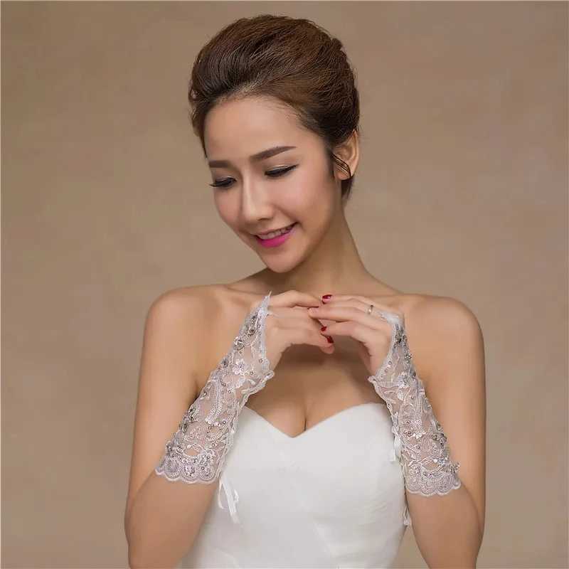 Elegant Women Wedding Lace Gloves Bridal Fingerless Crystal Sequins White Hook Finger Drawstring Gloves Marriage Accessories L251110