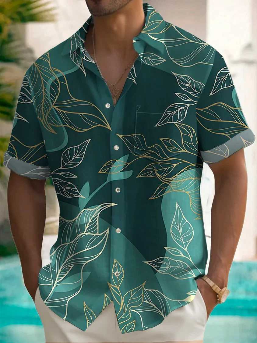 2024 Hawaii Plant Gold Leaf Printed Mens Button Mens Shirt Summer Hawaii Lawn Button Short Sleeve Fashion Street X250410